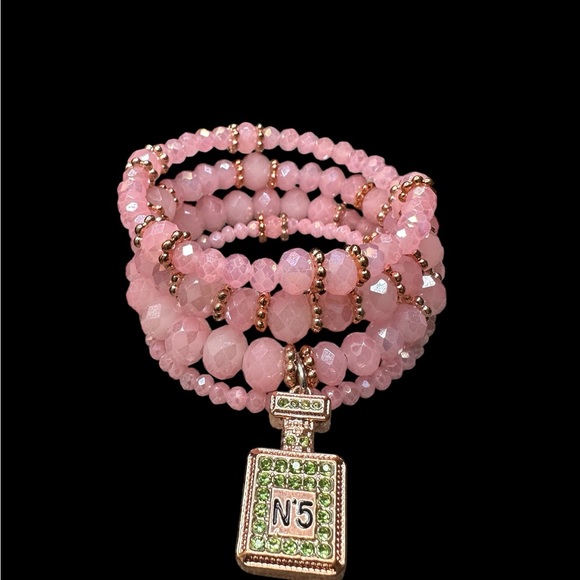 Handmade Jewelry - Pink Beaded Memory Bracelet with Perfume Bottle Charm